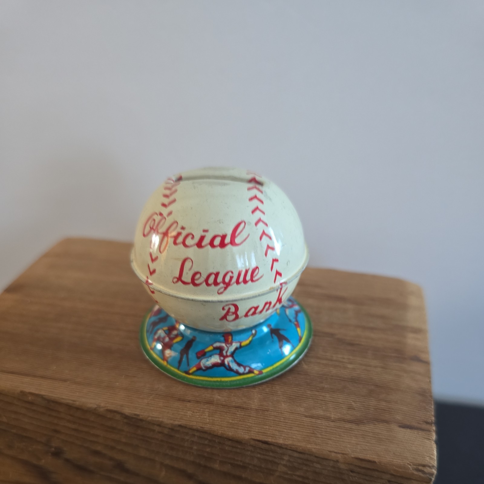 Vintage Baseball Tin Litho Toy Coin Bank Japan (no plug) 2.5" tall -See Pictures