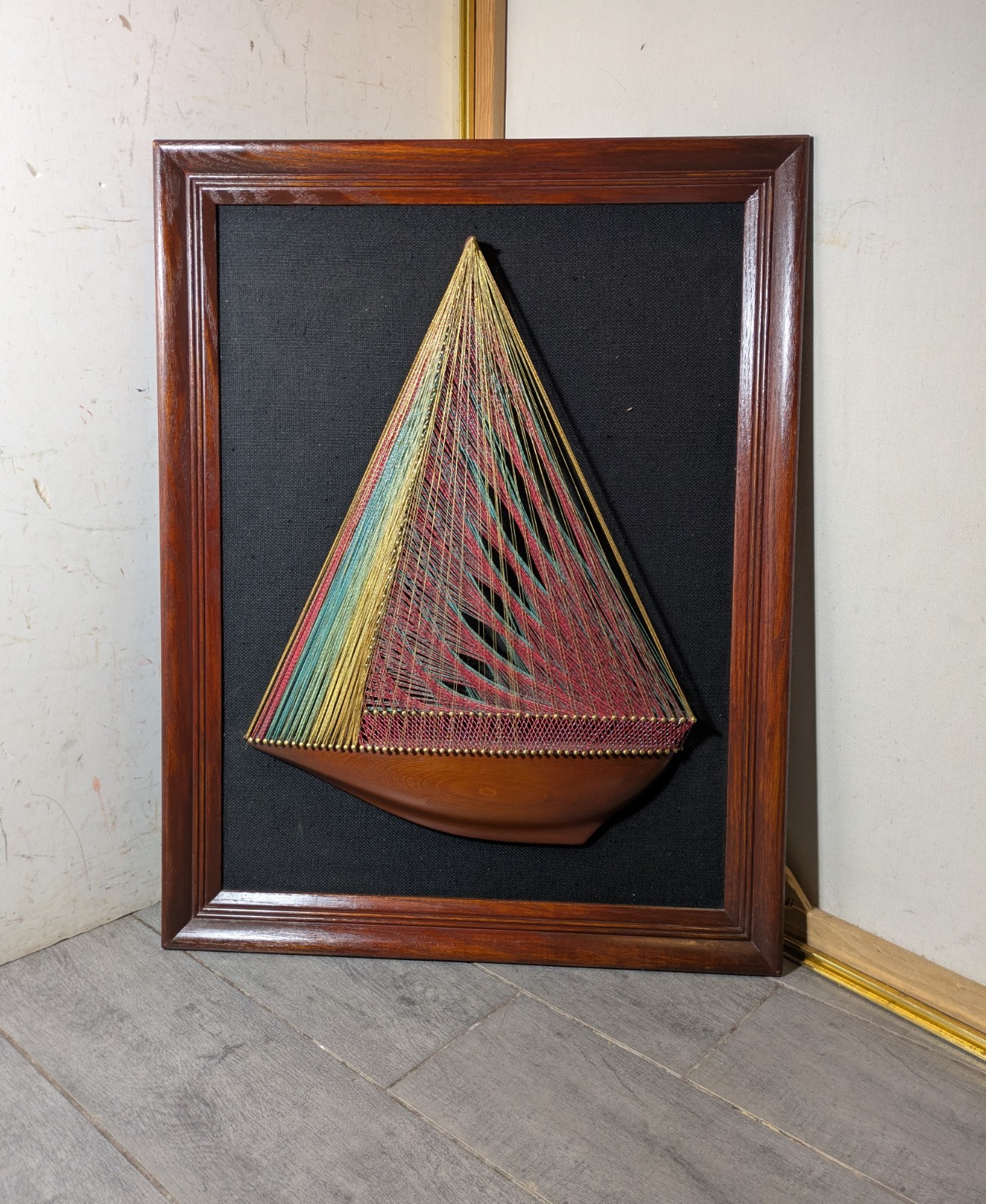 Vintage Mid Century Modern String Nail Art Sailboat Ship 3D Wall Sculpture Teak