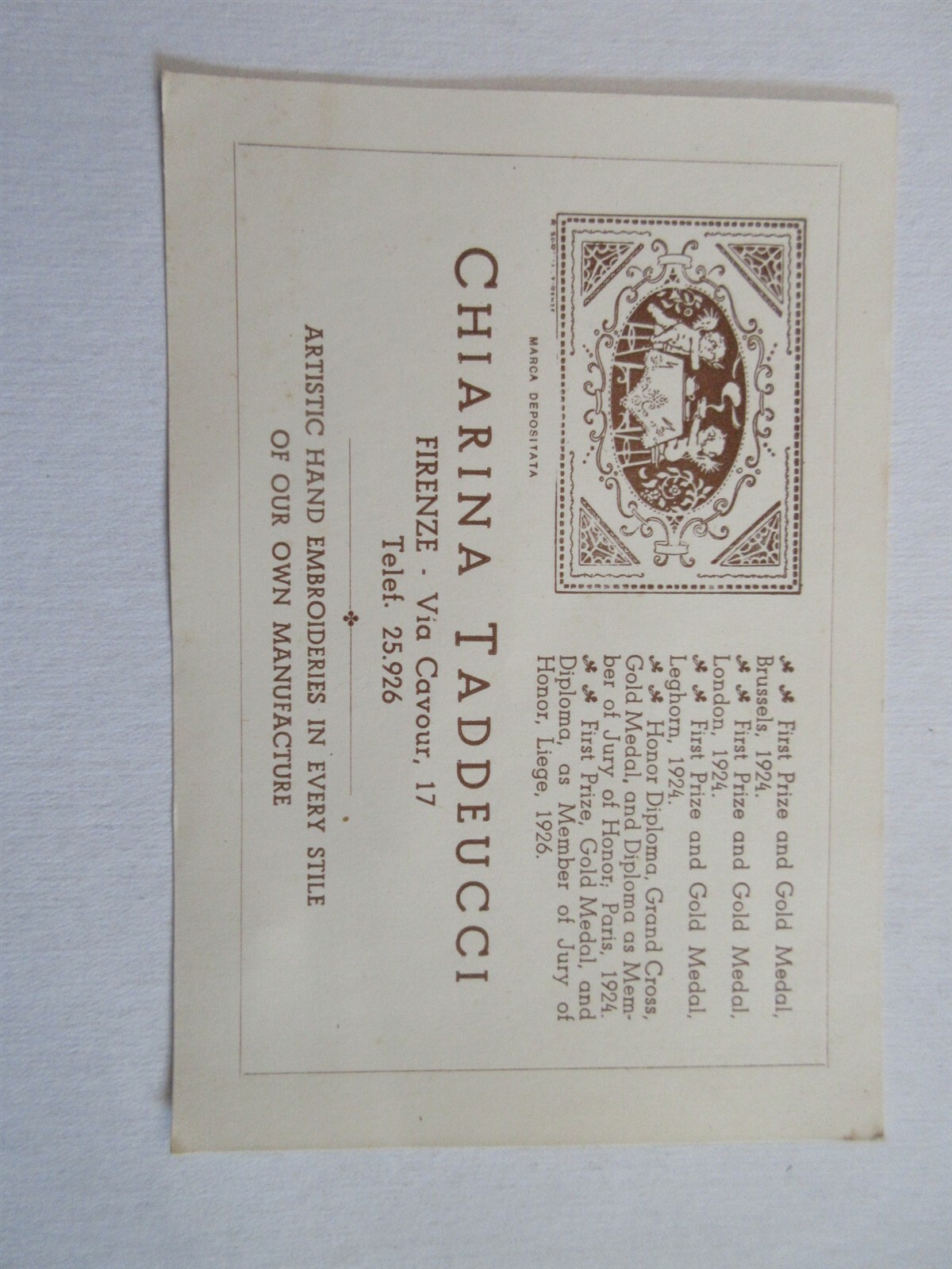 Vintage advertising card Chiarina Taddeucci Florence Italy with map embroideries