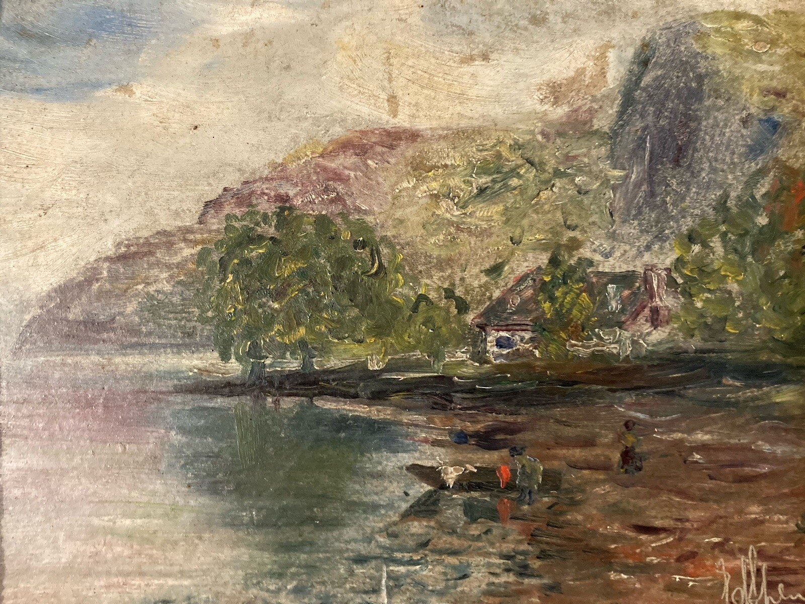 Belle Painting Oil Panneaudébut 20th Sea Boat Peach Signed to Identify Art