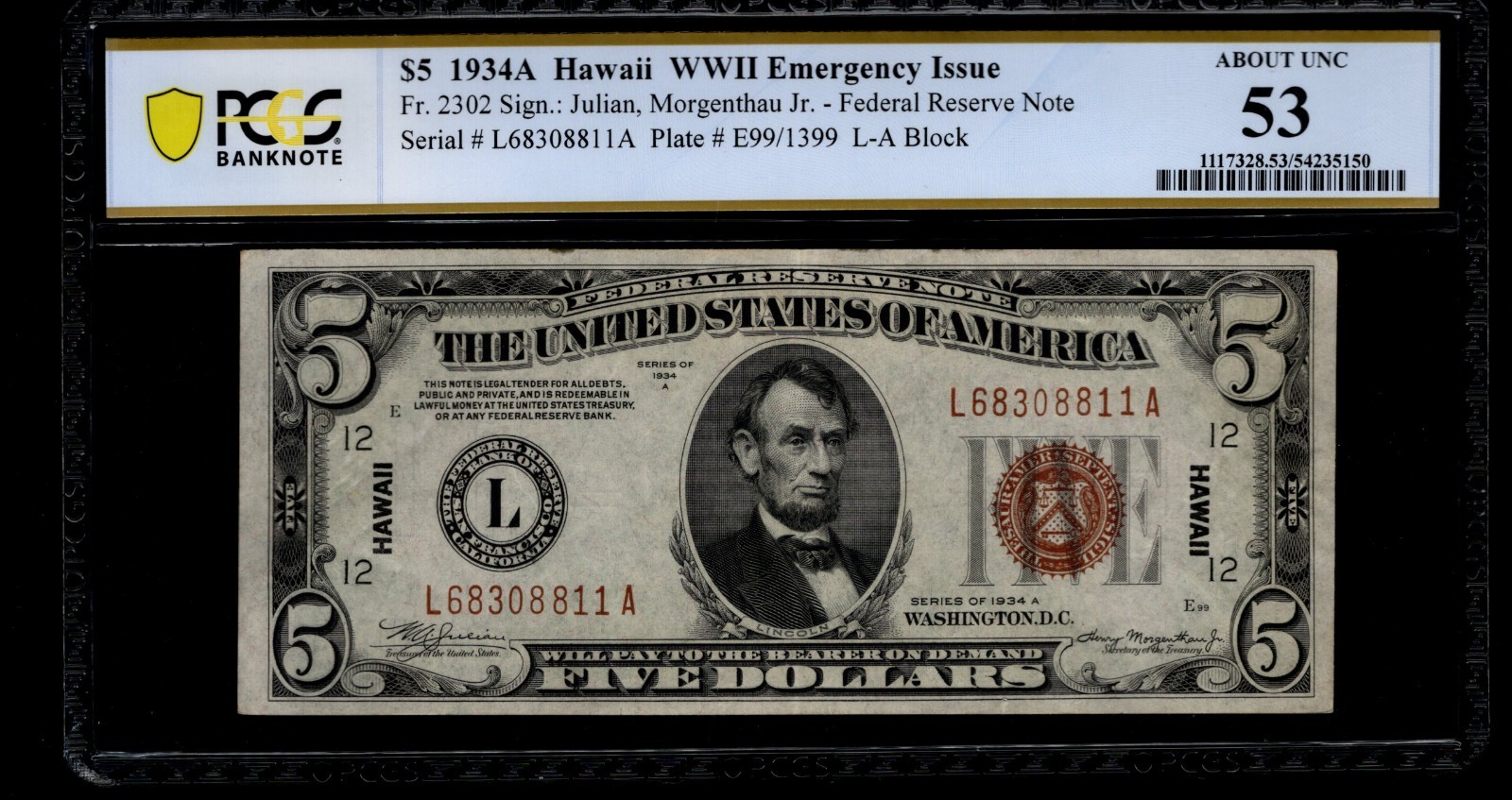 Five Dollar Hawaii Note PCGS 53 FR 2302 1934A $5