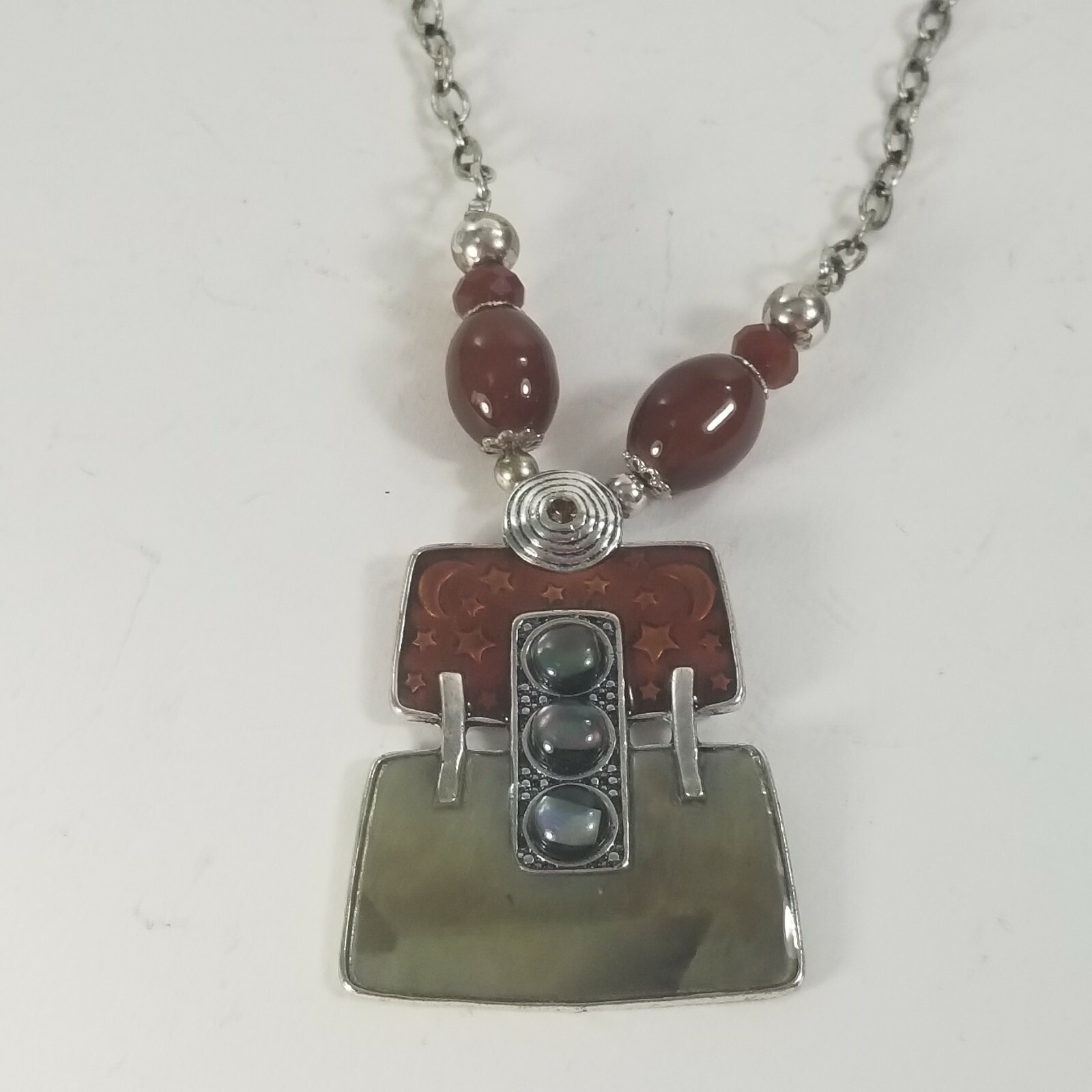 Women's 2" Elongated Enamel Silver Toned Necklace Pendant Beads Cabochon Vintage