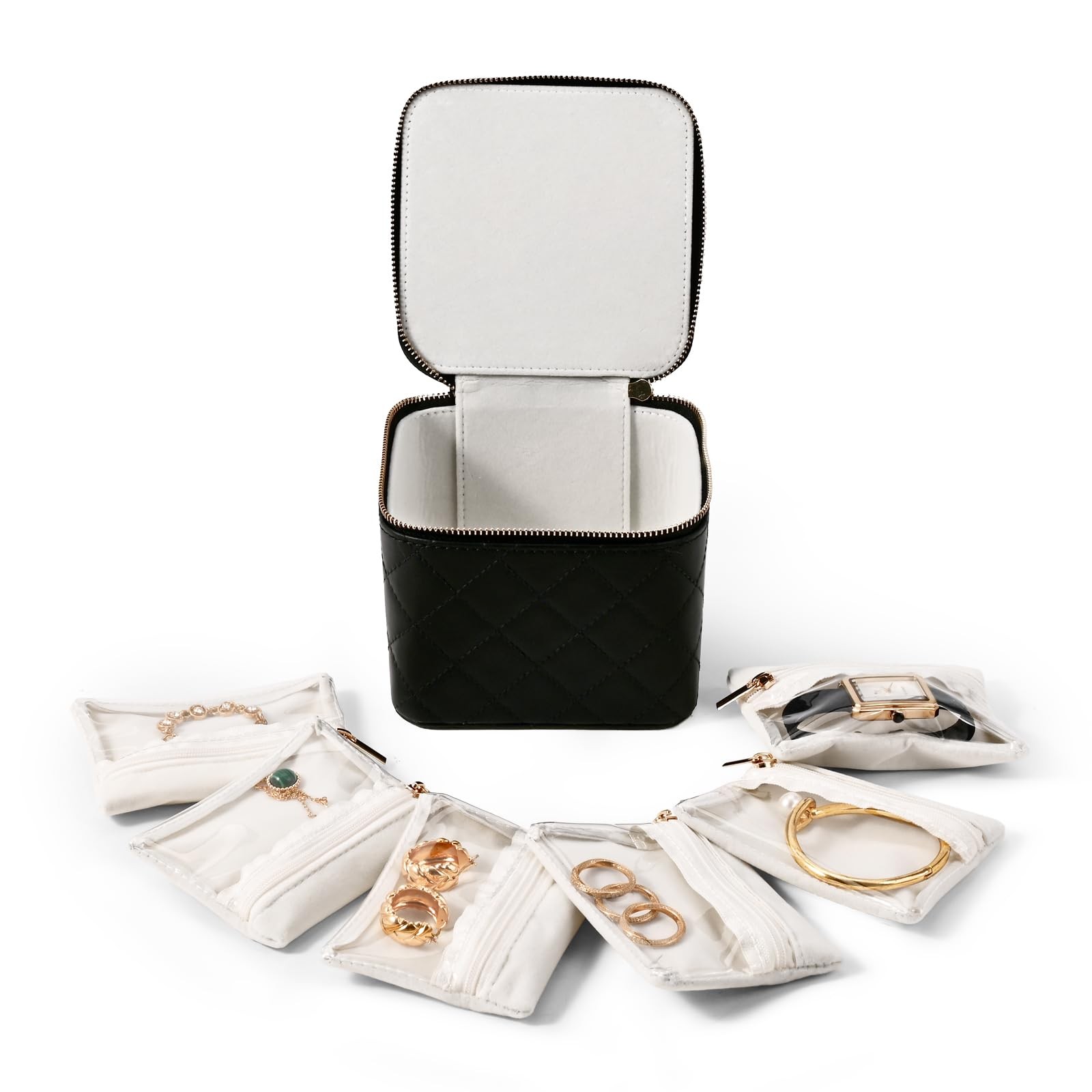 Travel Jewelry Box Organizer - Small Jewelry Case with 6 Small Velvet Zipped ...