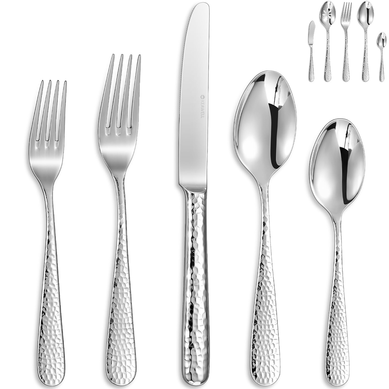 KEAWELL Premium 20/45/65 Piece Louise Hammered Silverware Set Normal, Silver 
