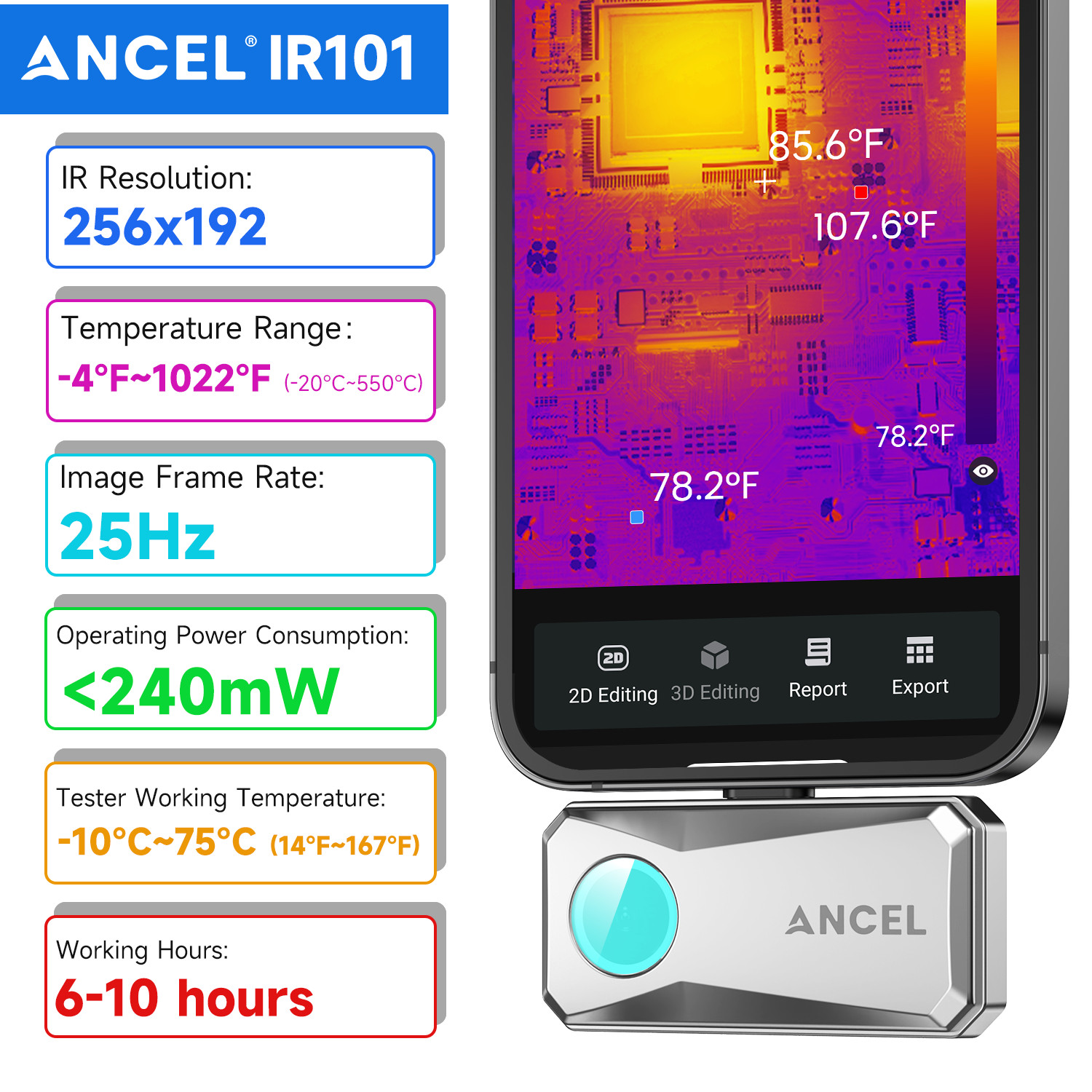 ANCEL IR101 Pro-Grade Thermal Camera Imaging for IOS Phones USB 256X192 IR