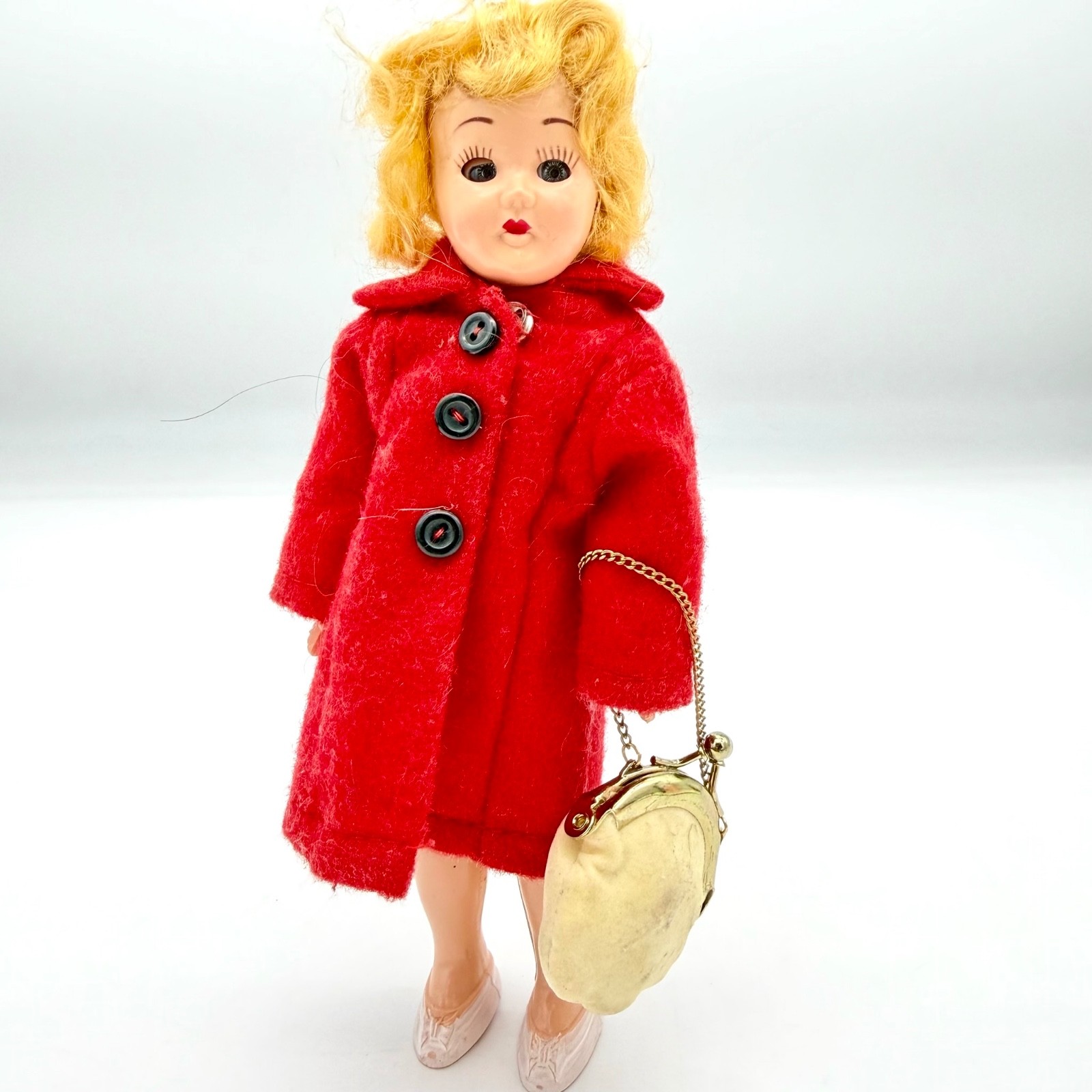 Doll 7" Hong Kong Clone Hard Plastic Sleep Eyes Red Coat & Purse Vintage