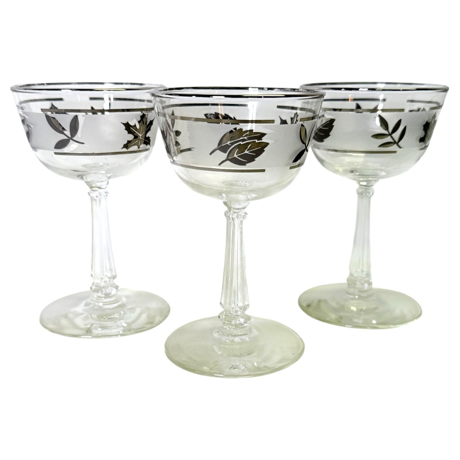 3 Vintage Libbey Silver Leaf Frosted Liquor Coctail Glasses Set 5 Inch
