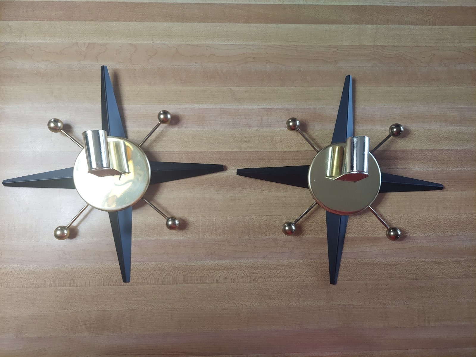 MCM mid-century vintage atomic starburst brass & metal wall candle sconces pair