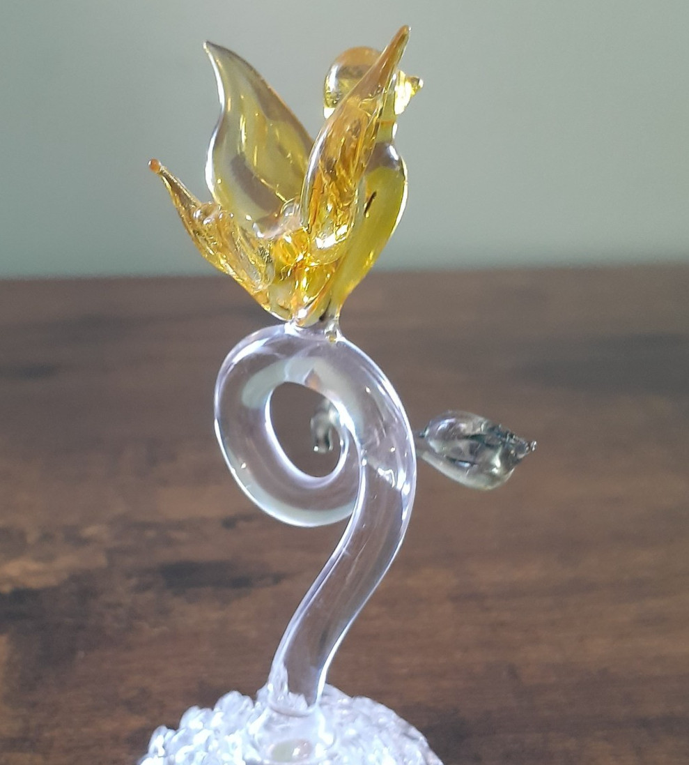 Vintage 1960's Yellow Hand Blown Glass Bird With Nest Small 4 inch Tall Figurine