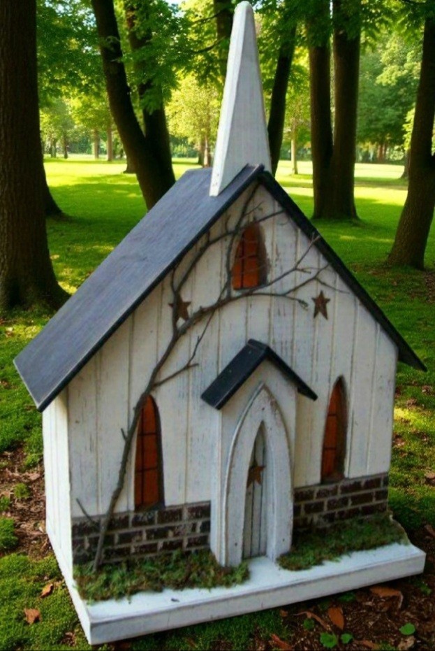Church , Primitive Church , Church Birdhouse , Rustic Birdhouse , Lighted House