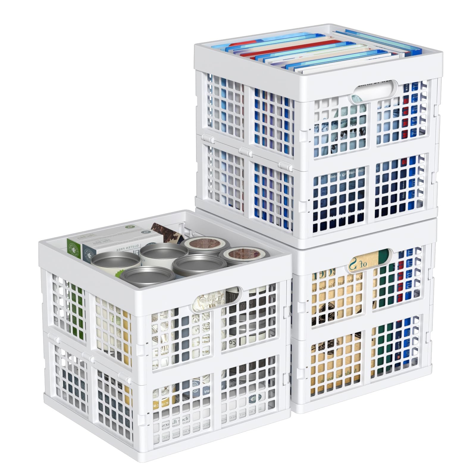 18 L Plastic Square Folding Storage Crate, Stackable Collapsible Crates, Whit...