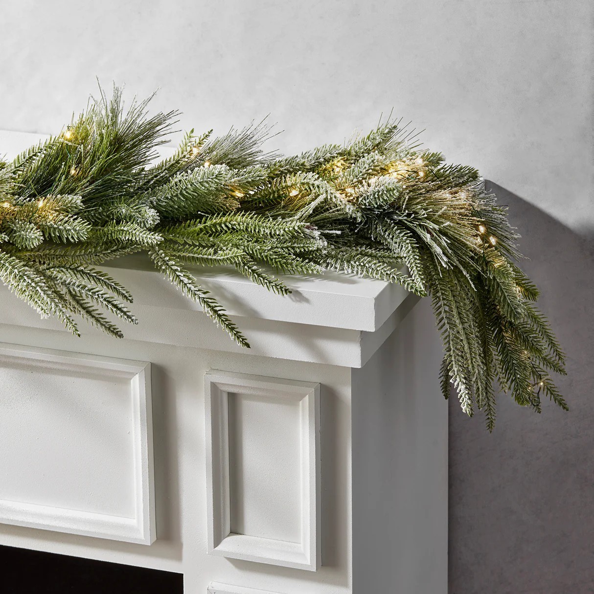 Cypress Snowy 6ft Pine Spruce Garland w/100 Warm White LEDs Battery Oper. Timer