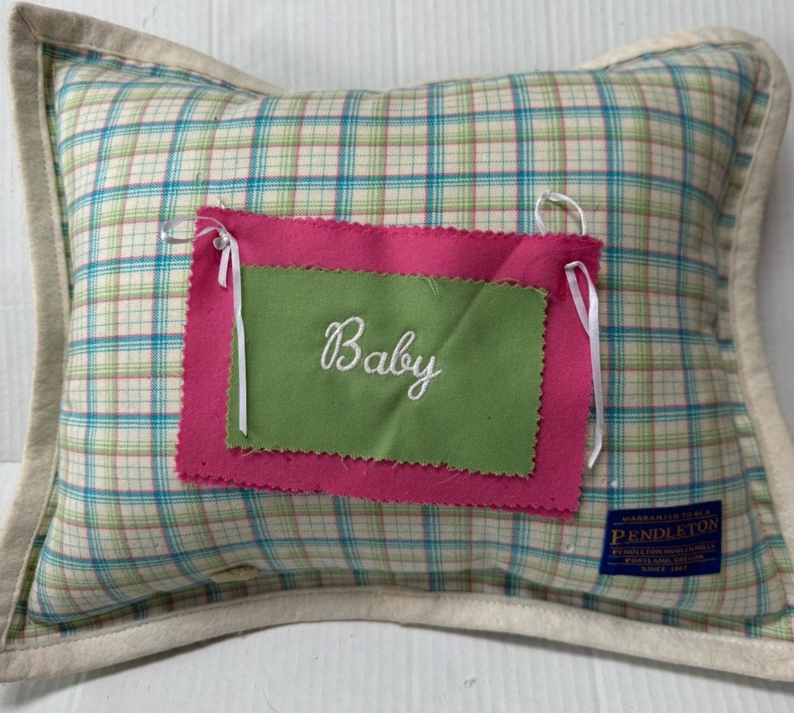 VTG Pendleton Baby Pillow Handmade Plaid Wool Blue Green Pink