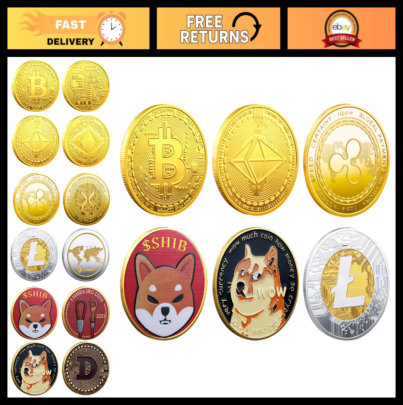 6 Pack Limited Edition Cryptocurrency Coins - Bitcoin, Ethereum, Dogecoin, Shiba