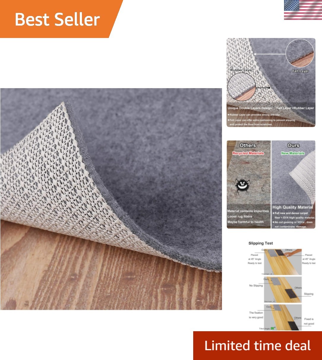 Non Slip Rug Pad Grippers - 10x14 Ft, 1/8" Thick, Felt + Rubber Double Layers...
