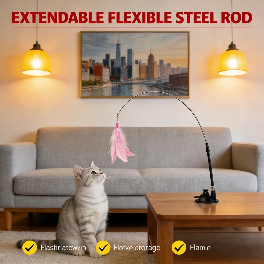 Interactive Suction Cup Cat Toy Feather Wand with Bells Hands-Free Teaser