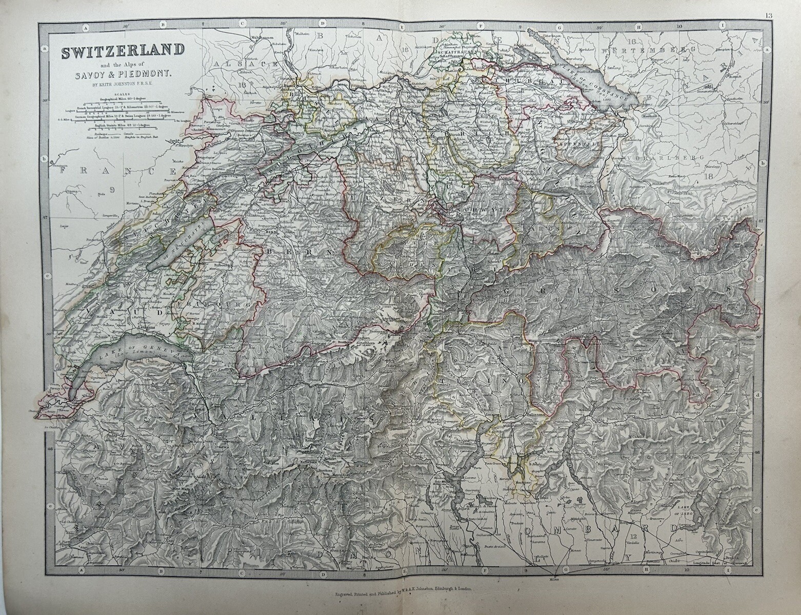 1884 Switzerland Hand Coloured Original Antique Map by Johnston