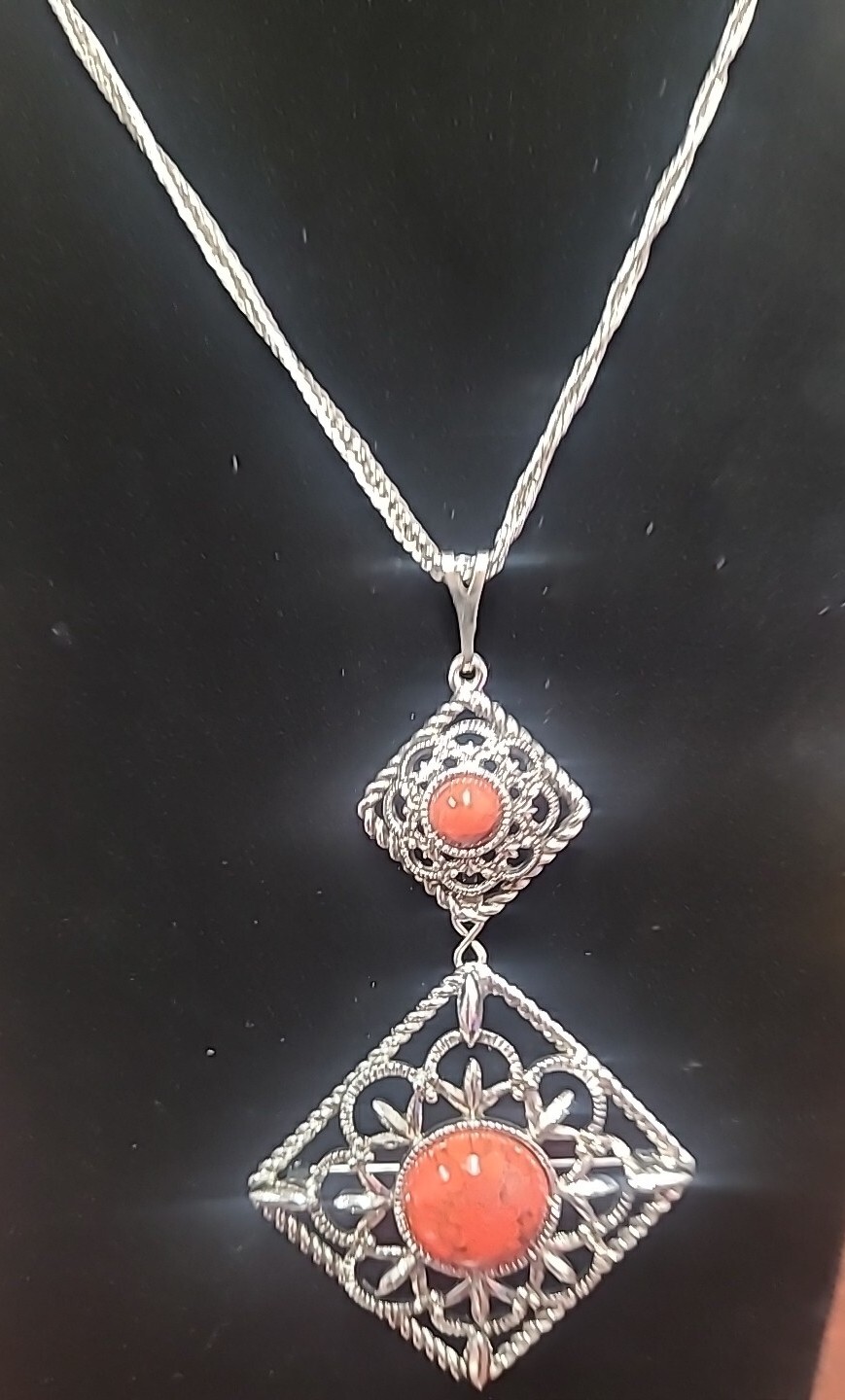 Vintage Sarah Coventry Necklace Try Pendant  Inca Fire  Silver Tone Chain Signed
