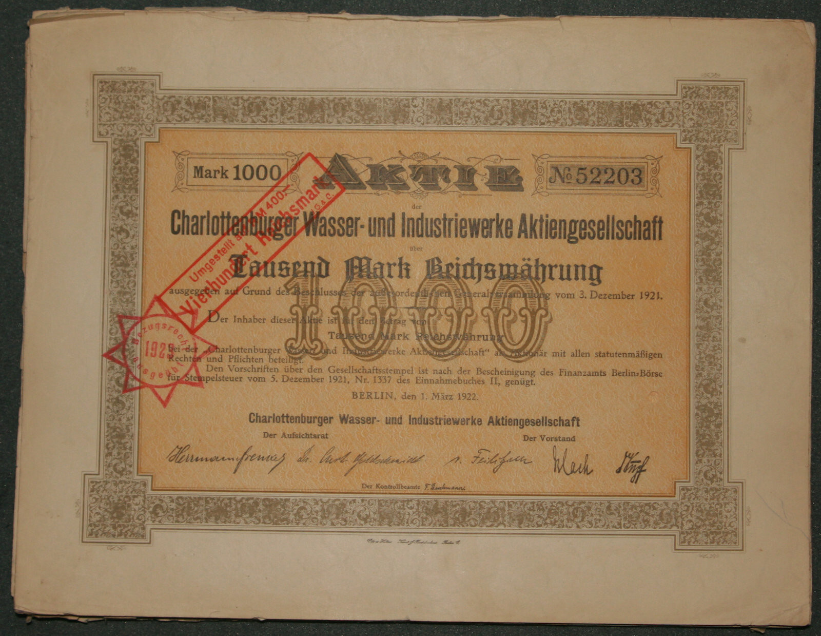 67 x Charlottenburger Wasser- und Industriewerke AG 1922 1000 Mark
