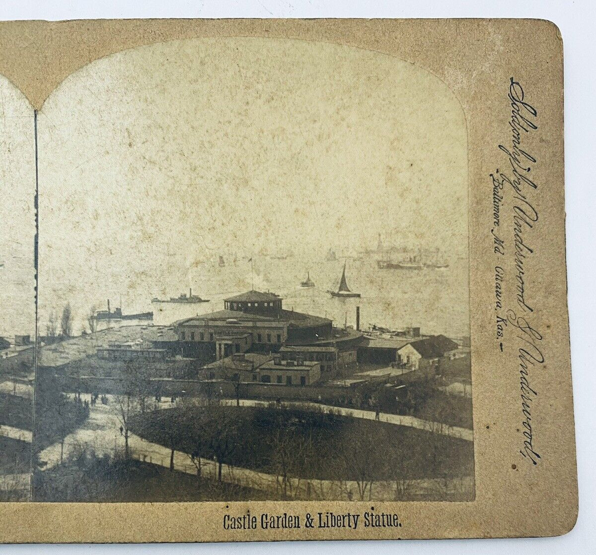 1855-1880 Antique Stereoview Castle Garden & Liberty Statue New York Immigration