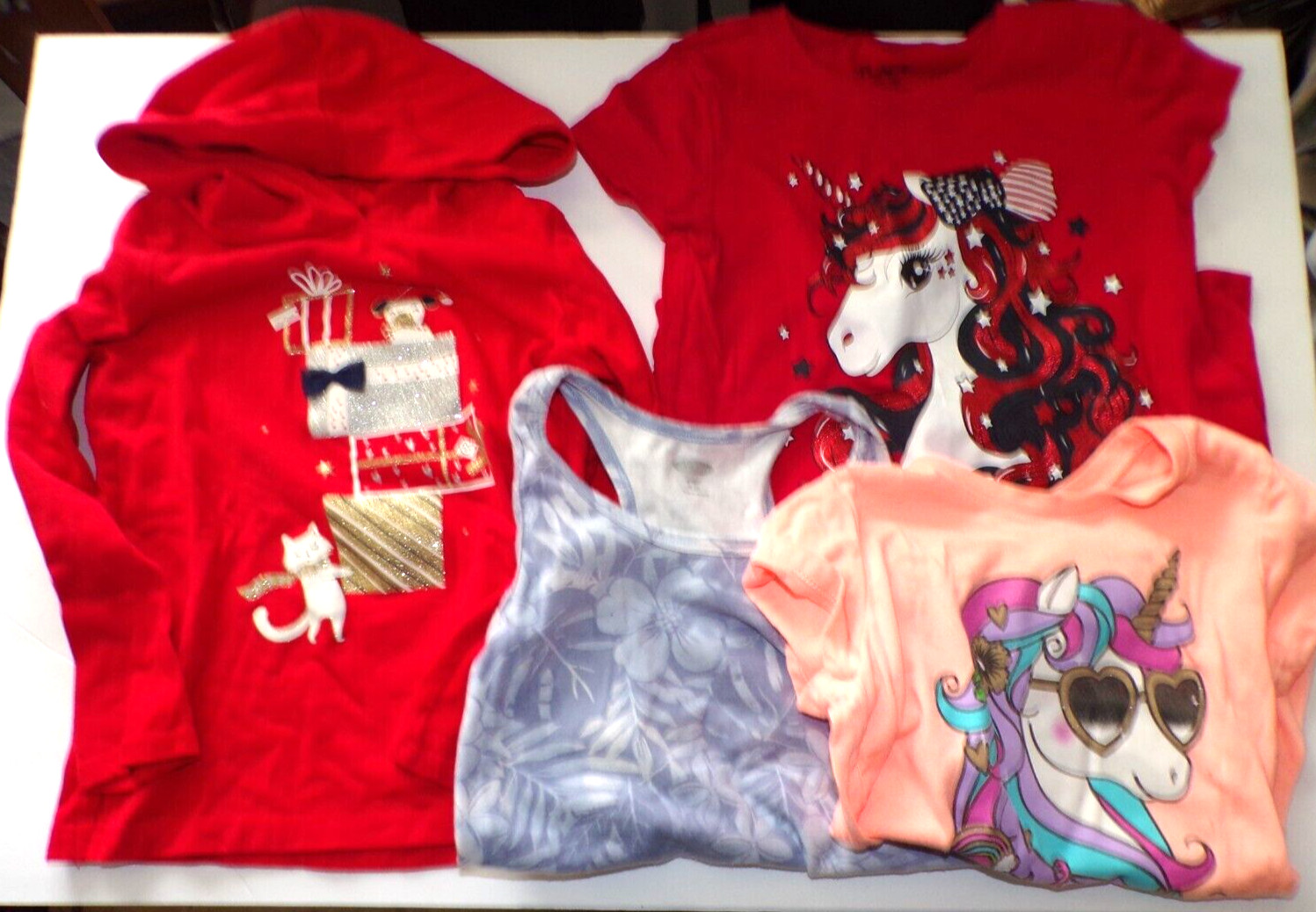 4 girls tops Carters Hoodie Children's Place 5/6, 78 unicorns Old Navy tank R1