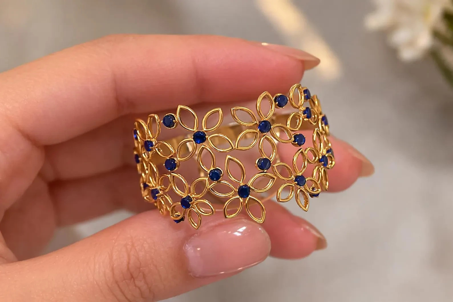 Blue Sapphire Openwork Ring For Engagement-Women Sapphire Silver Floral Ring