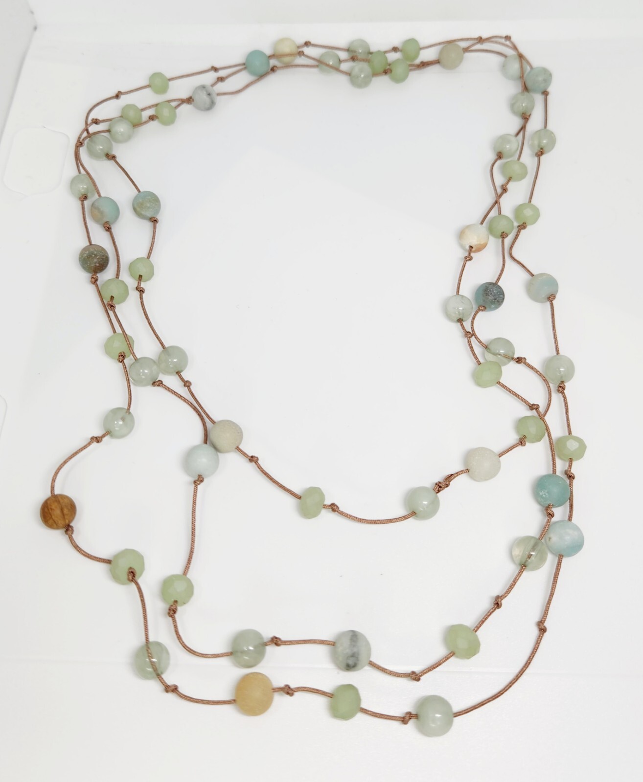 Vintage Hand Knotted Jade Green Aventurine Quartz Necklace Long Beaded 70" 