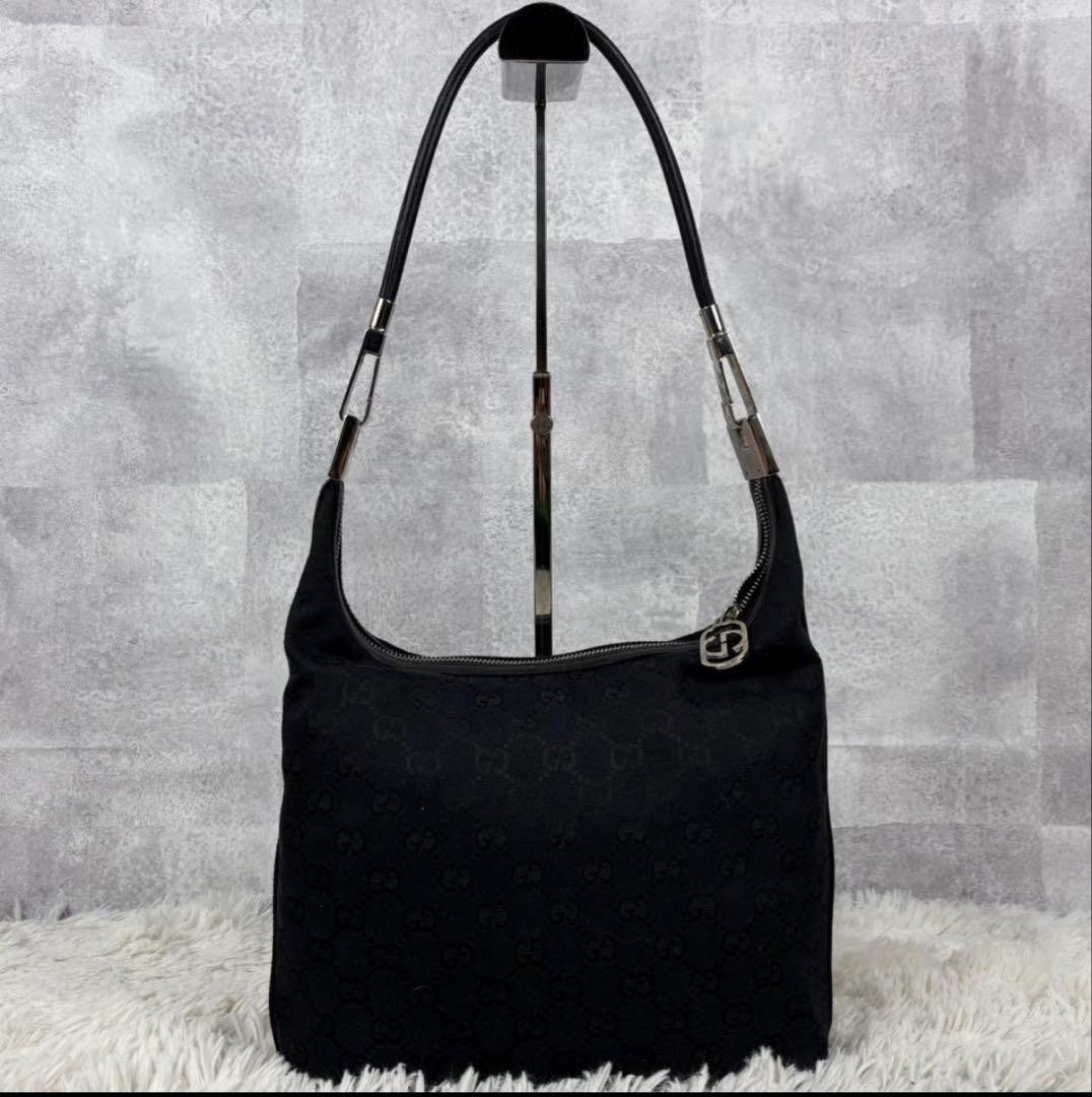 Gucci Shoulder Hand Bag Black Leather Small Purse Vintage Authentic