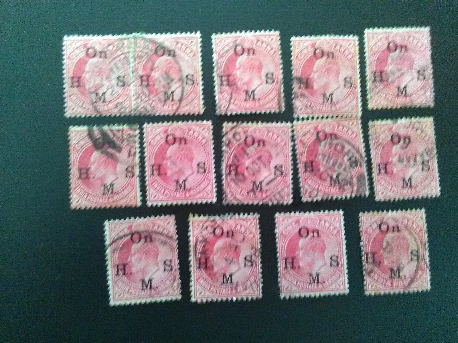 INDIA  USED STAMPS 1906  KEV11  ON H. M. S. OVERPRINT 1  ANNA  CARMINE  SHADES.