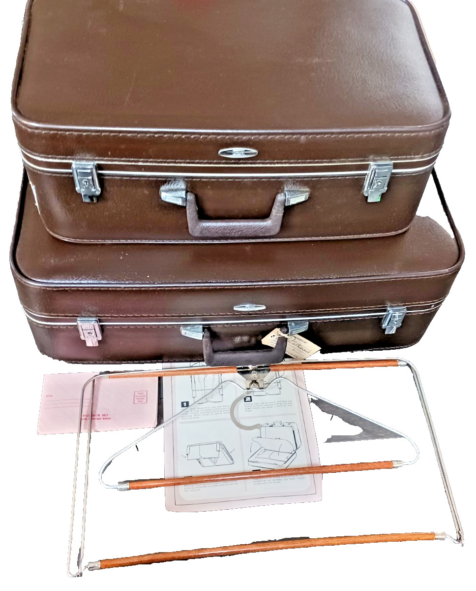 VINTAGE SEARS FEATHERLITE CHOCOLATE BROWN 2-Piece LUGGAGE SET HARD CASE + EXTRAS