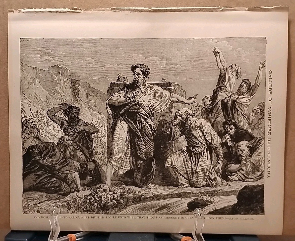 1884 - Vintage MOSES DESTROYS THE GOLDEN CALF Antique Bible Print from 1800s