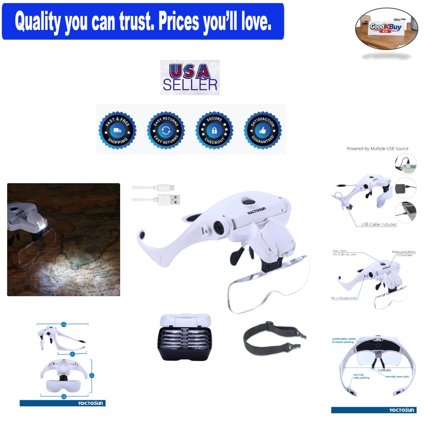 Rechargeable LED Head Magnifier with Interchangeable Lenses 3.5X Jewelry Eye ...