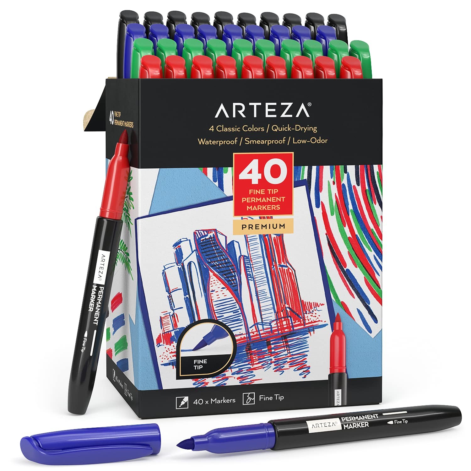 ARTEZA Colored Permanent Markers, Set of 40, 1 Count (Pack 40), Multicolor 