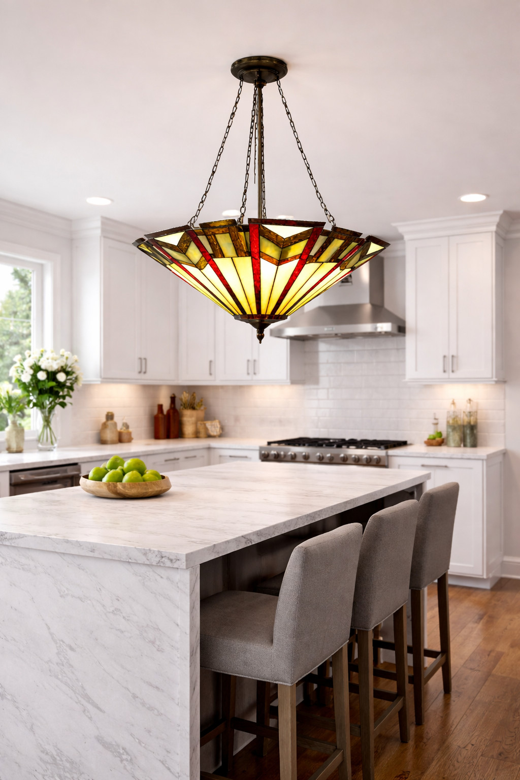 Vintage Tiffany Lighting Fixture, Pyramid Lampshade Light Ruby Red & Amber