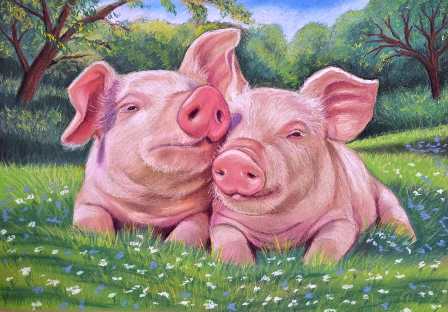 Pink Piglets in Grass Pastel Drawing A3 Realistic Farm Animal Art Cute Pig