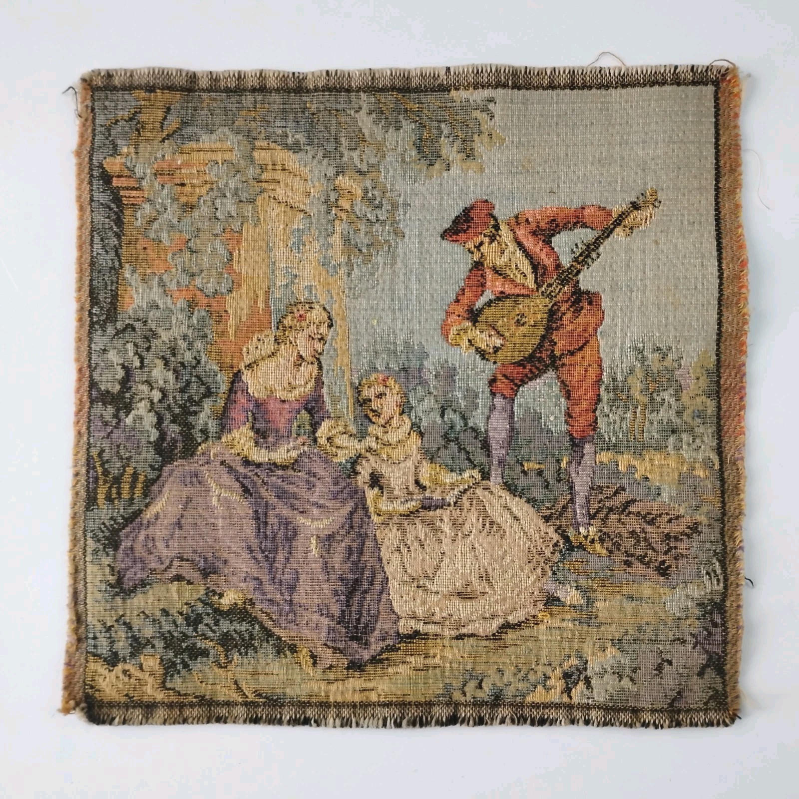 19th Century French Tapestry Romantic Pastoral Scene Wall Decor 6.5"X 6.5" Antiq