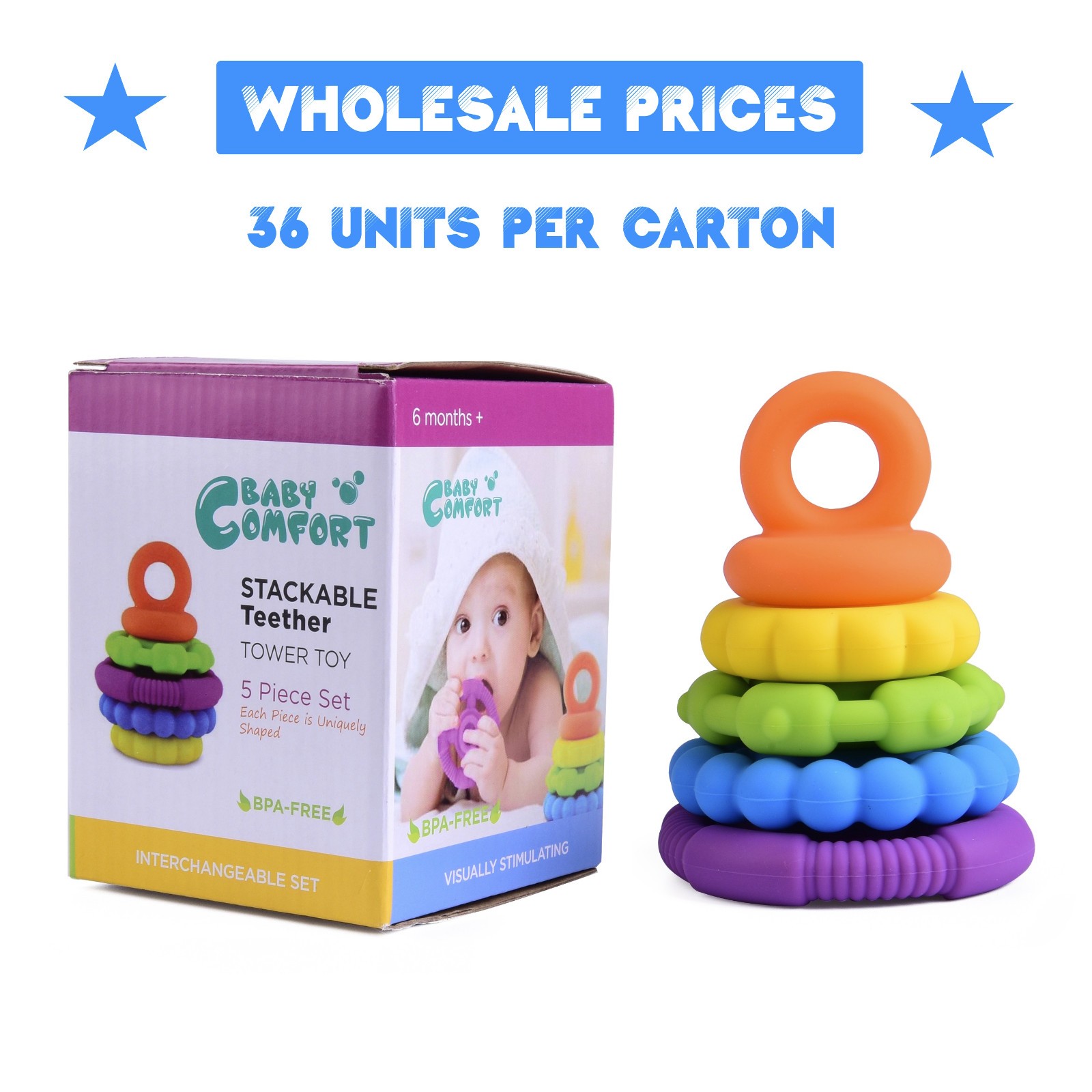 Stacking Baby Teether Toy - 36 units/carton-WHOLESALE PRICE