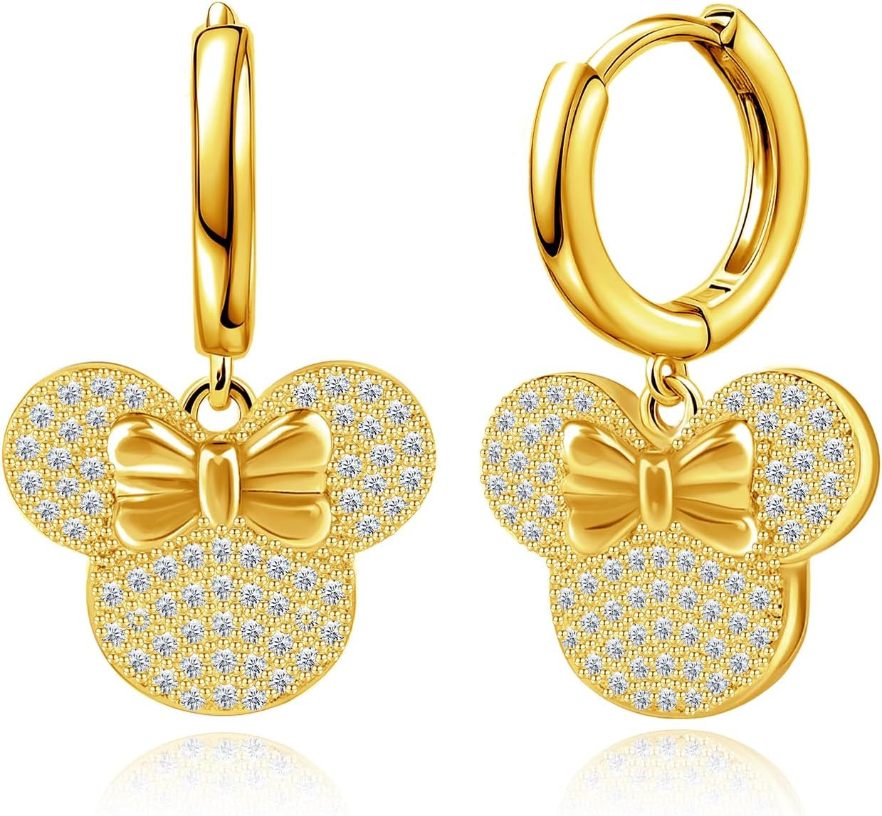 S925 Sterling Silver Plated Gold Mouse Bow Earrings Cute Dangle Hoop Earrings Hy