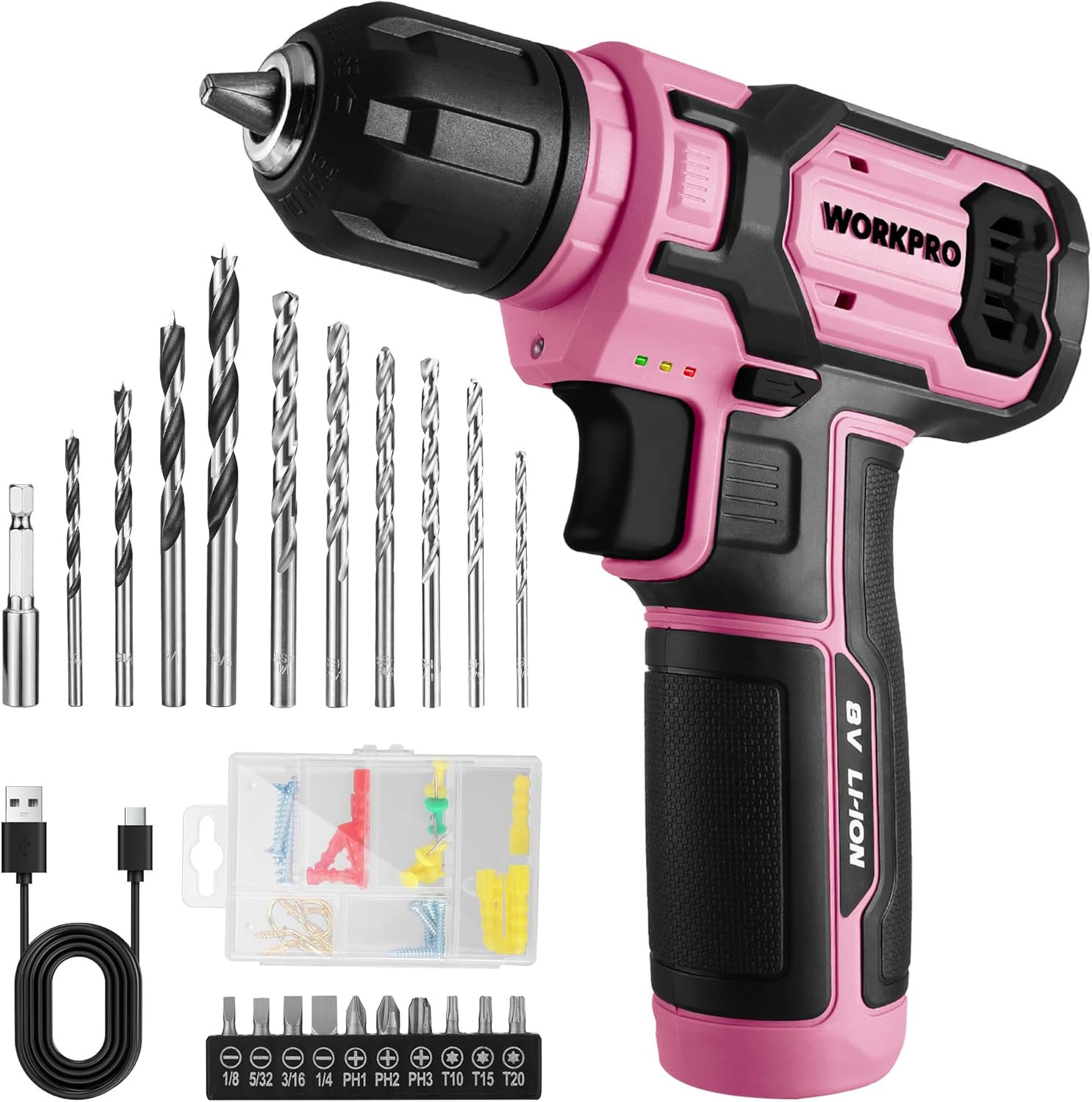 Pink Cordless Drill Set, 8V Impact Drill Driver with 53Pcs Bit Set, 2.0Ah Electr
