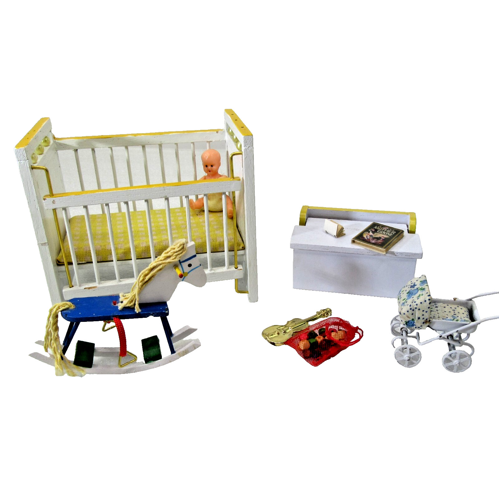 vtg dollhouse 1:12 NURSERY SET accessories toy box crib horse rocker stroller