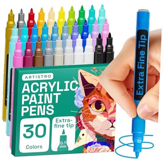  30 Acrylic Paint Markers for Rock, Fabric, Wood, Glass, Craft, Extra Fine