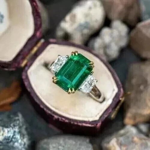 3Ct Emerald Cut Lab Created Emerald Engagement Ring 14K White Gold Plated Silver