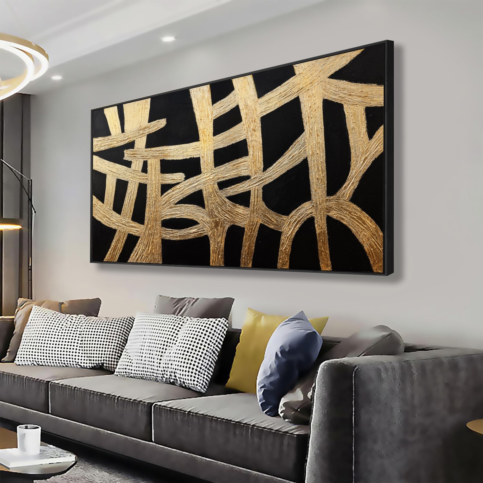 Abstract Wall Art Small Size Black And Gold Lines Texture Artwork Framed Home...