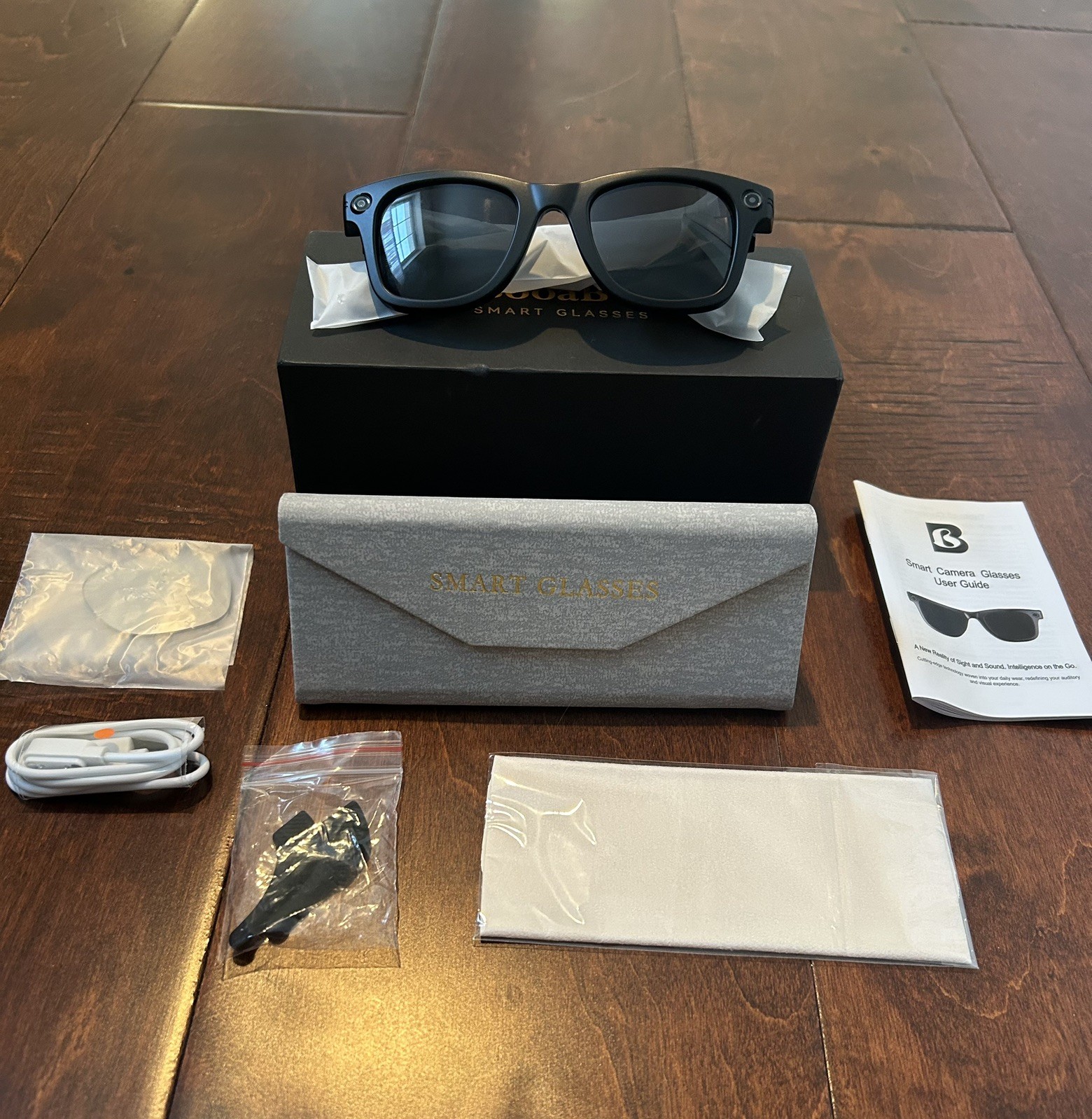 BooaBei Smart Glasses Black USB Connectivity with Charging Cable and Case