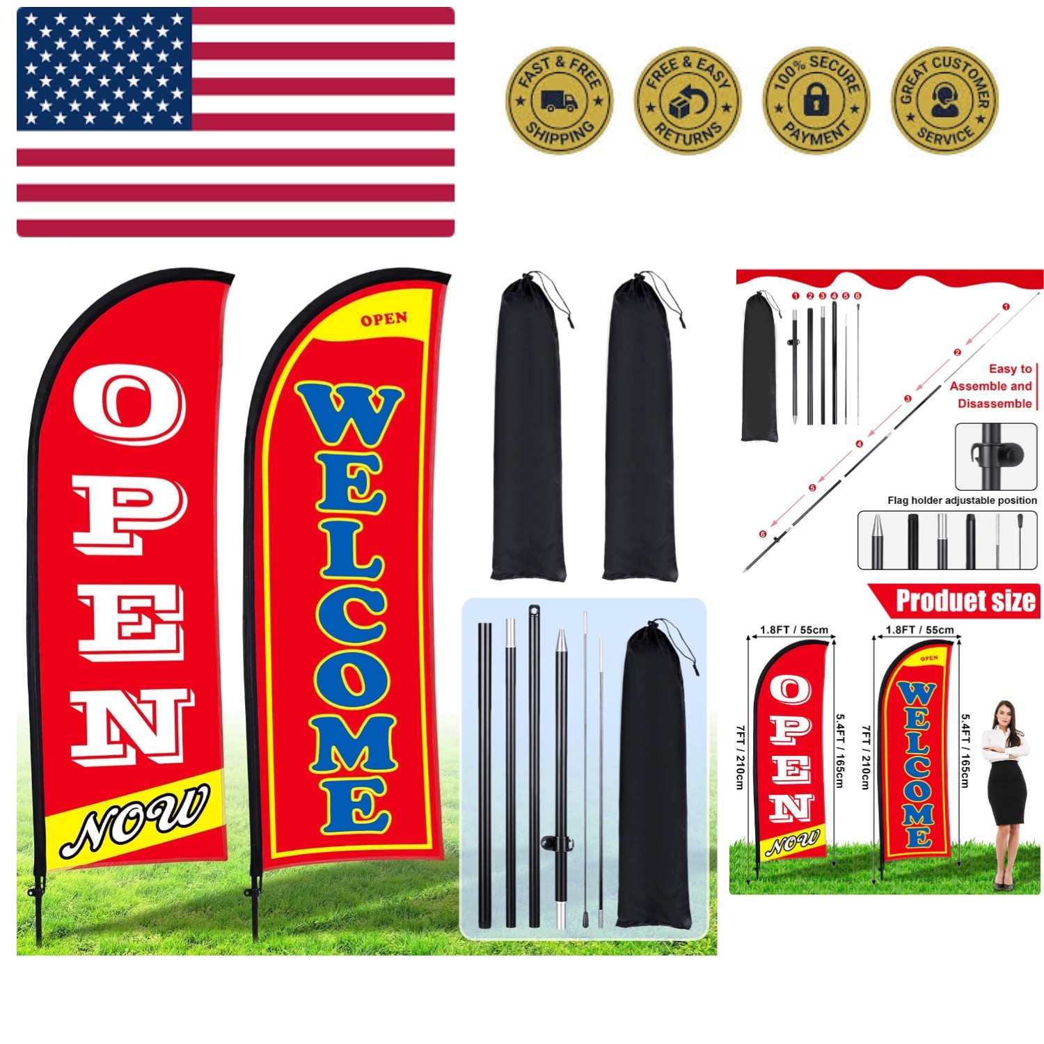 2 Sets Now Open Flag Banner for Business Advertising 7 ft Feather Flag Sign w...