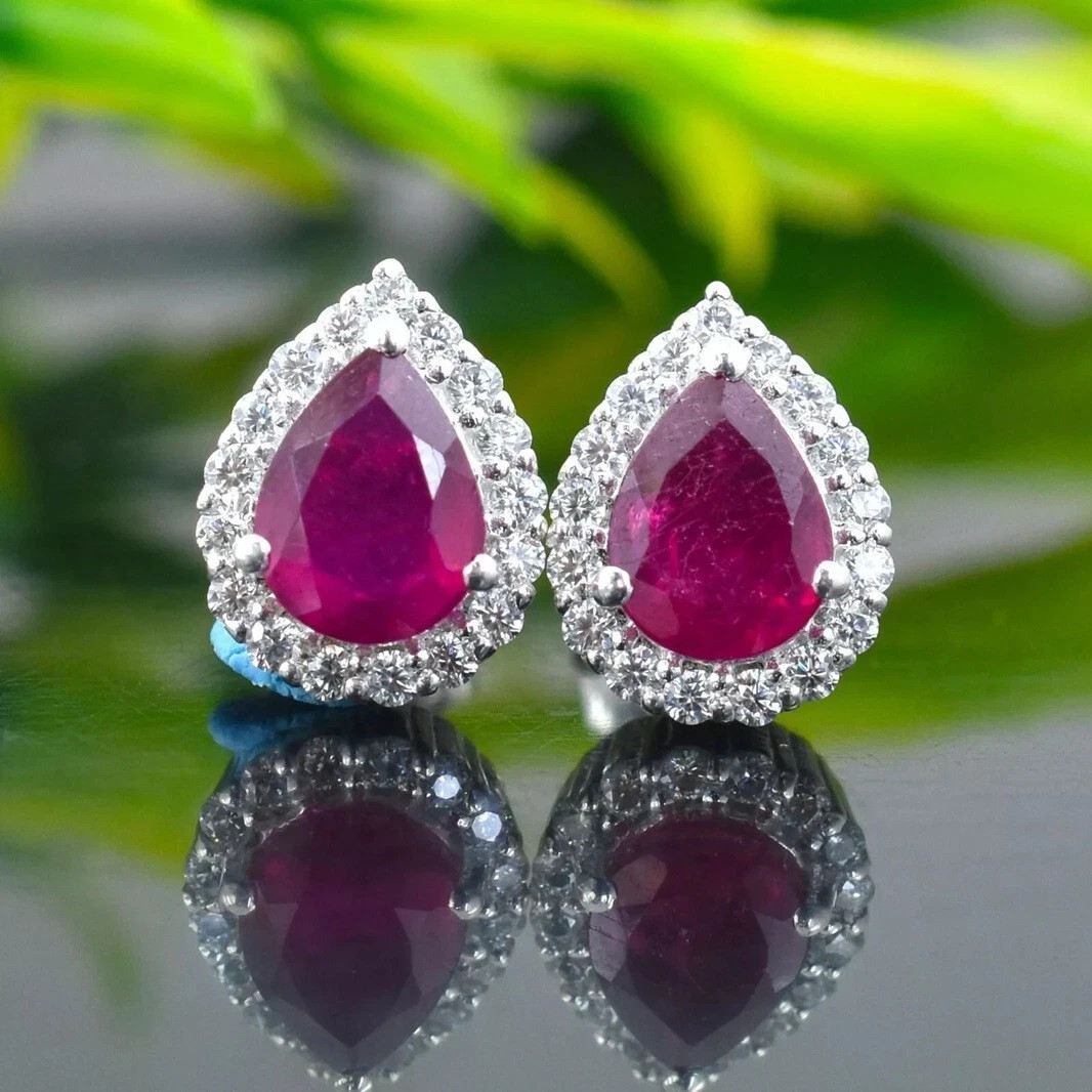 3 Ct Treated Certified Ruby Gemstone Stud Earrings with Accents, 925 Silver