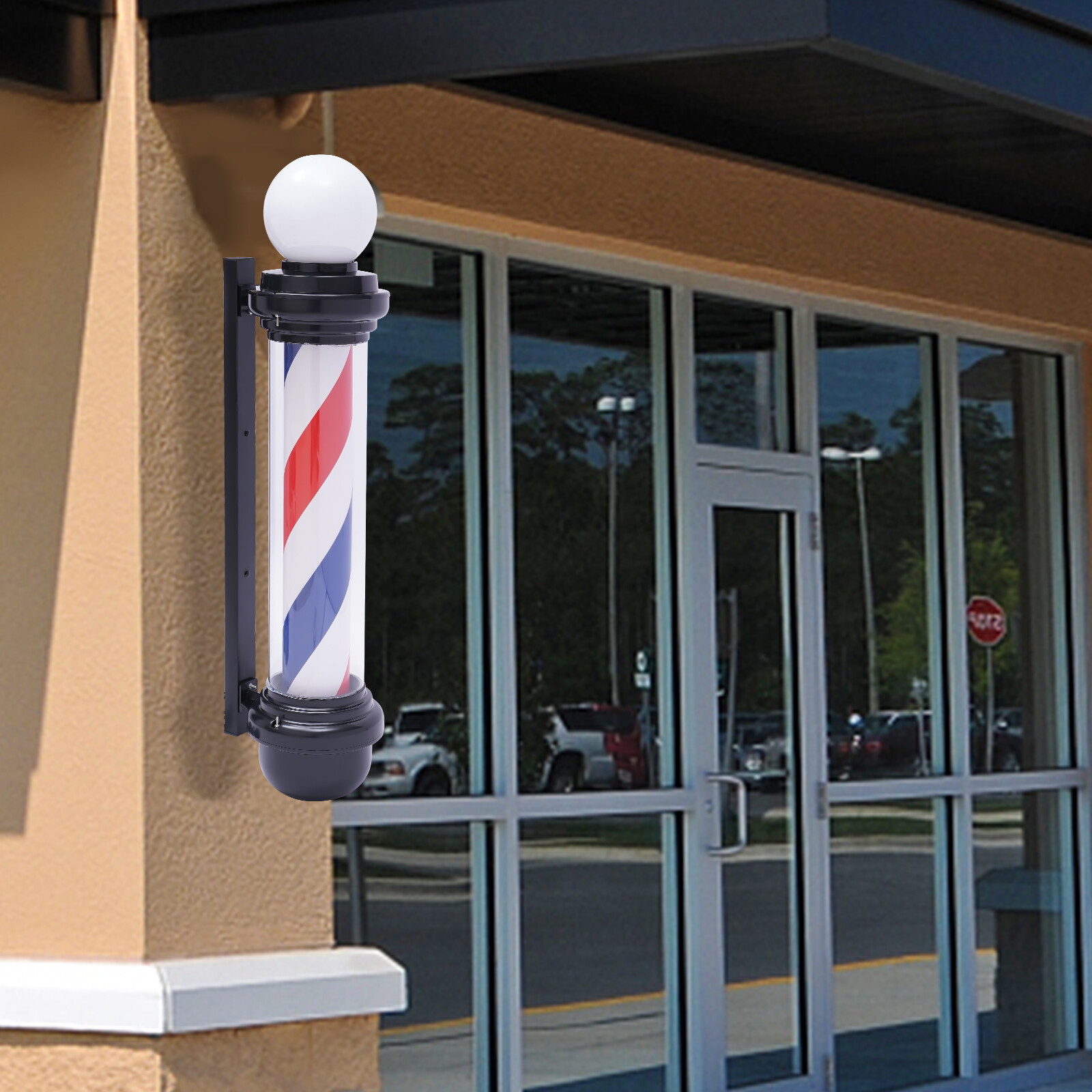 32" Barber Pole LED Light Red White Blue Rotating Stripes Hair Salon Shop Sign
