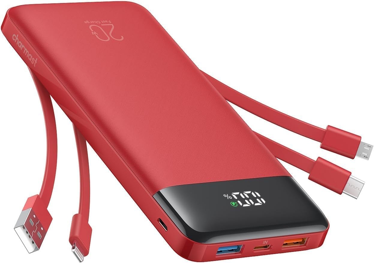20000mAh Portable Charger with Built-in Cables, Fast Charging for iPhone & Andro