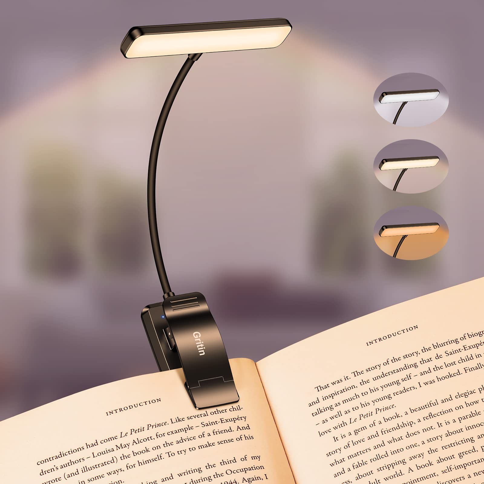 Gritin 19 LED Rechargeable Book Light for 4.17 x 3.54 x 1.26 inches, Black 