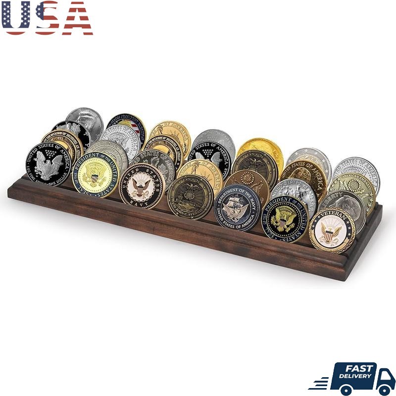 Military Challenge Coin Display Stand 4 Row Holder Collectible Coin Rack Walnut